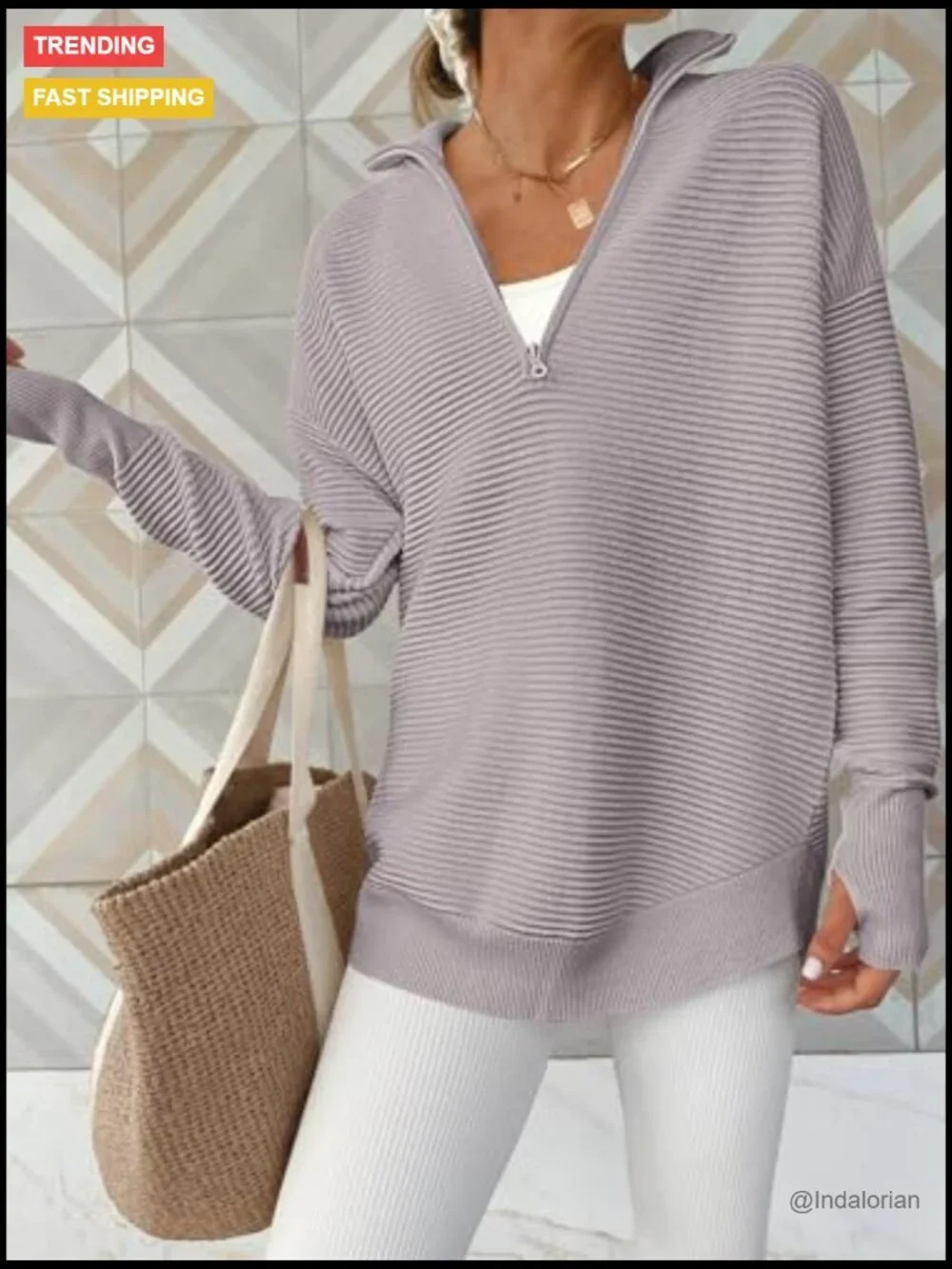 Long Sleeve Quarter Zip Pullover Sweater V Neck Collared Ribbed Knit Jumper